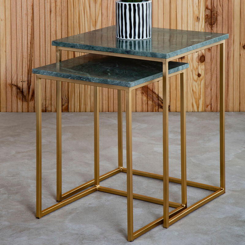 Orsina Mandoli Nest of 2 Green Marble Side Tables with Gold Bases