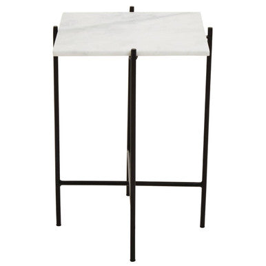 Orsina Mandoli White Marble Side Table – Square Black Iron Base