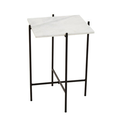 Orsina Mandoli White Marble Side Table – Square Black Iron Base