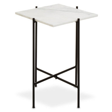 Orsina Mandoli White Marble Side Table – Square Black Iron Base