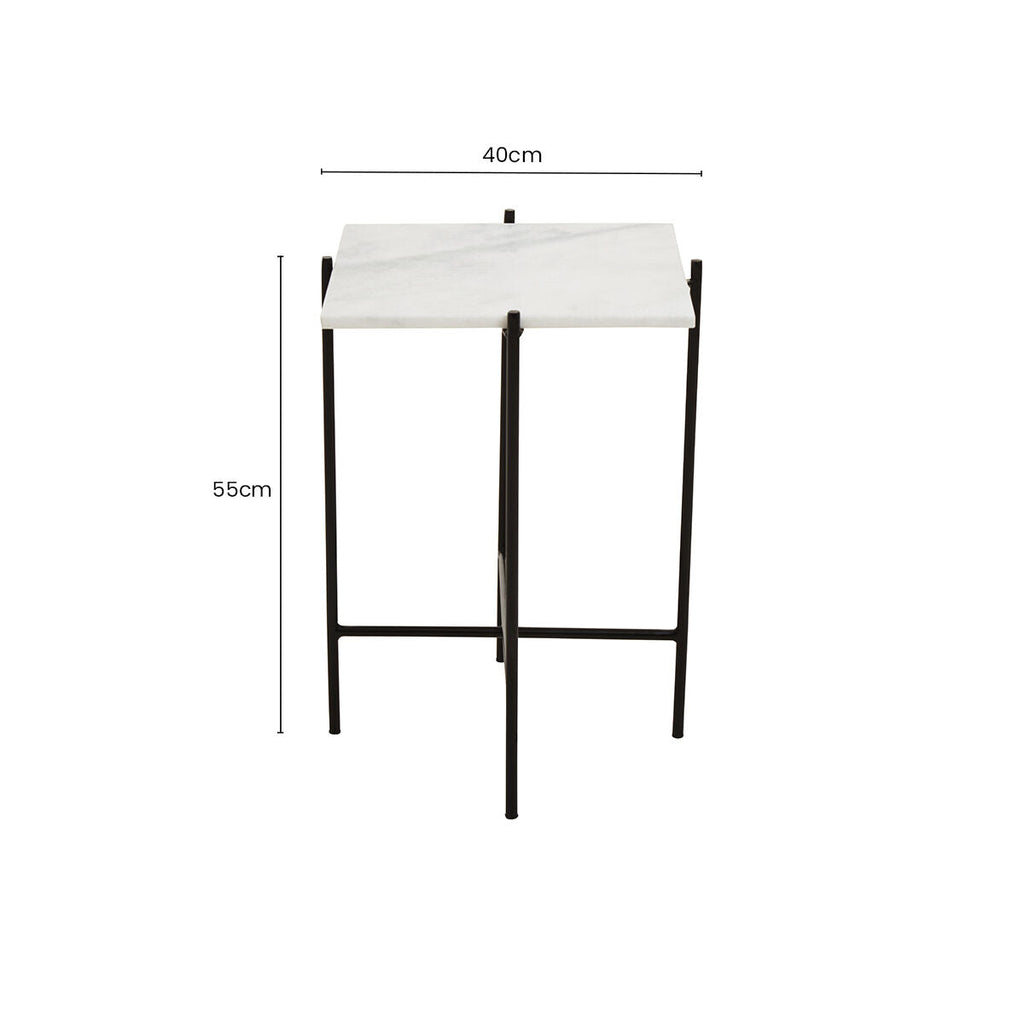 Orsina Mandoli White Marble Side Table – Square Black Iron Base