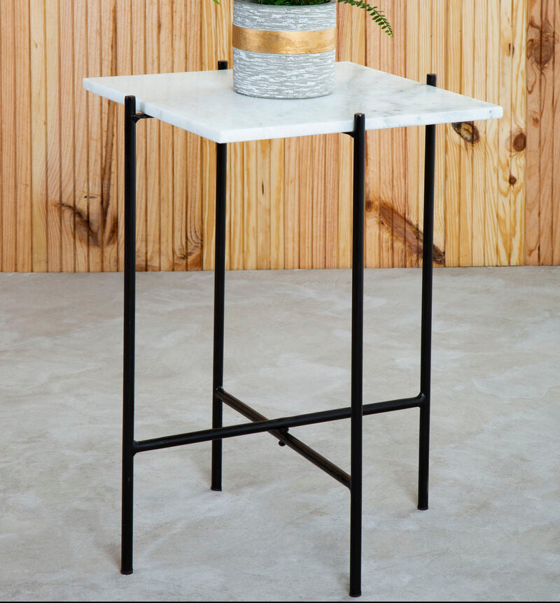 Orsina Mandoli White Marble Side Table – Square Black Iron Base
