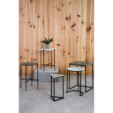 Orsina Mandoli White Marble Side Table – Square Black Iron Base