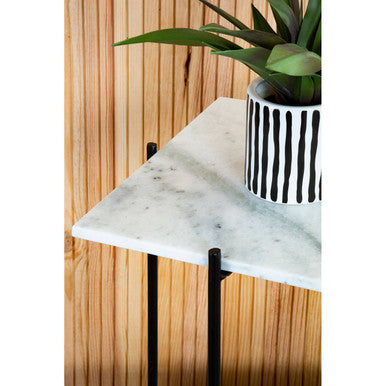 Orsina Mandoli White Marble Side Table – Square Black Iron Base