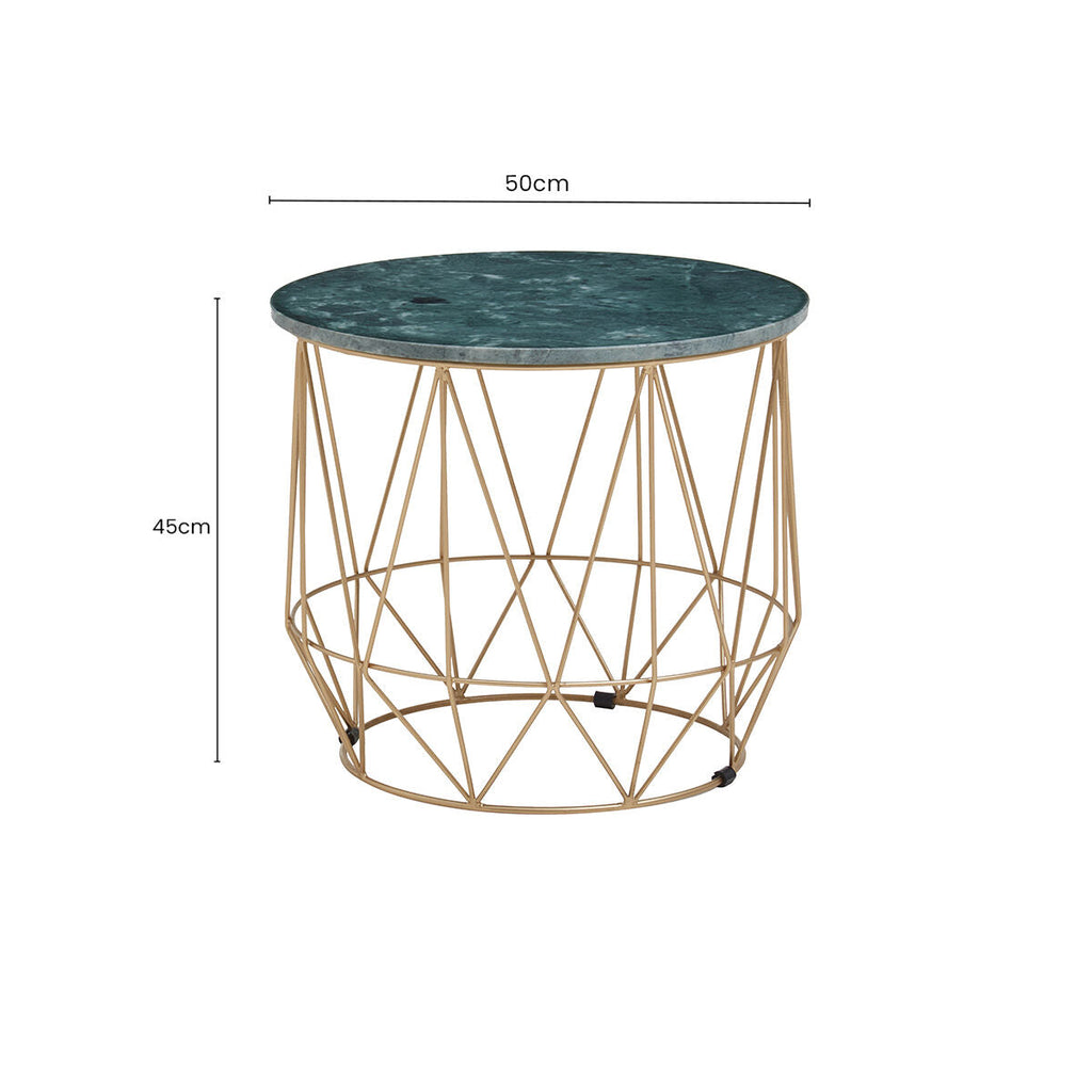 Orsina Mandoli Green Marble Side Table – Round Gold Cage Metal Frame