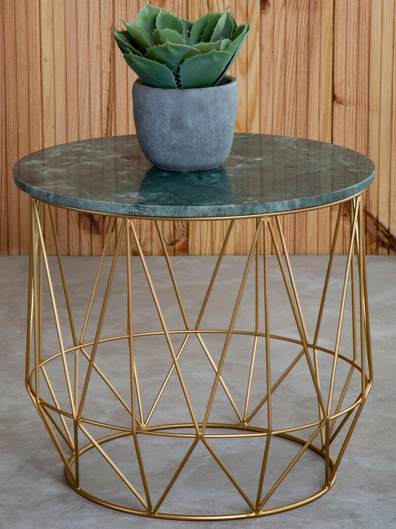 Orsina Mandoli Green Marble Side Table – Round Gold Cage Metal Frame