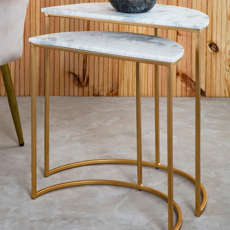 Orsina Mandoli Nest of 2 White Marble Semicircular Side Tables | Gold