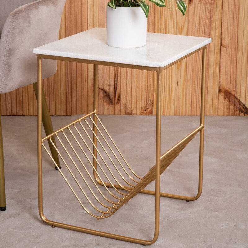 Orsina Mandoli White Marble Side Table – Gold Metal Storage Rack