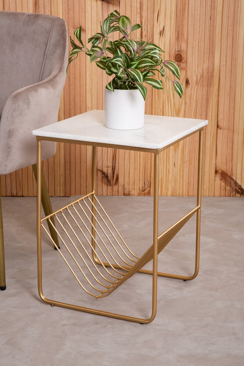 Orsina Mandoli White Marble Side Table – Gold Metal Storage Rack