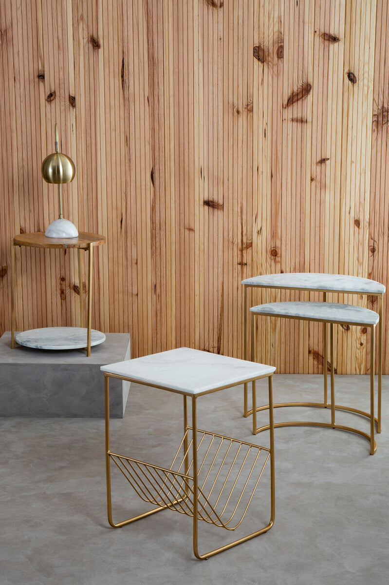Orsina Mandoli White Marble Side Table – Gold Metal Storage Rack