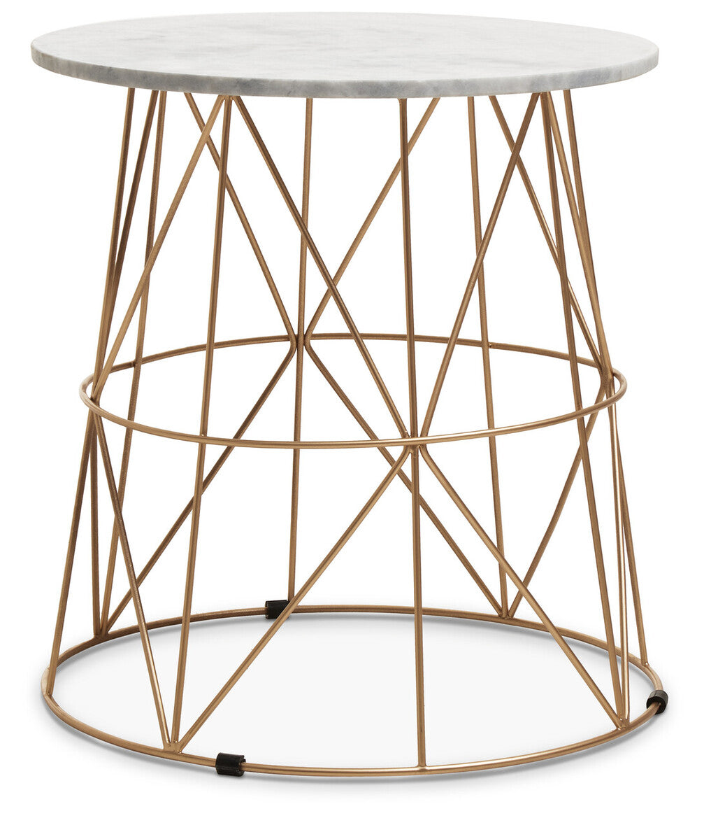 Orsina Mandoli White Marble Round Side Table with Gold Cage Base
