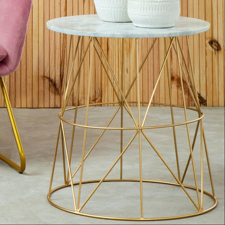 Orsina Mandoli White Marble Round Side Table with Gold Cage Base