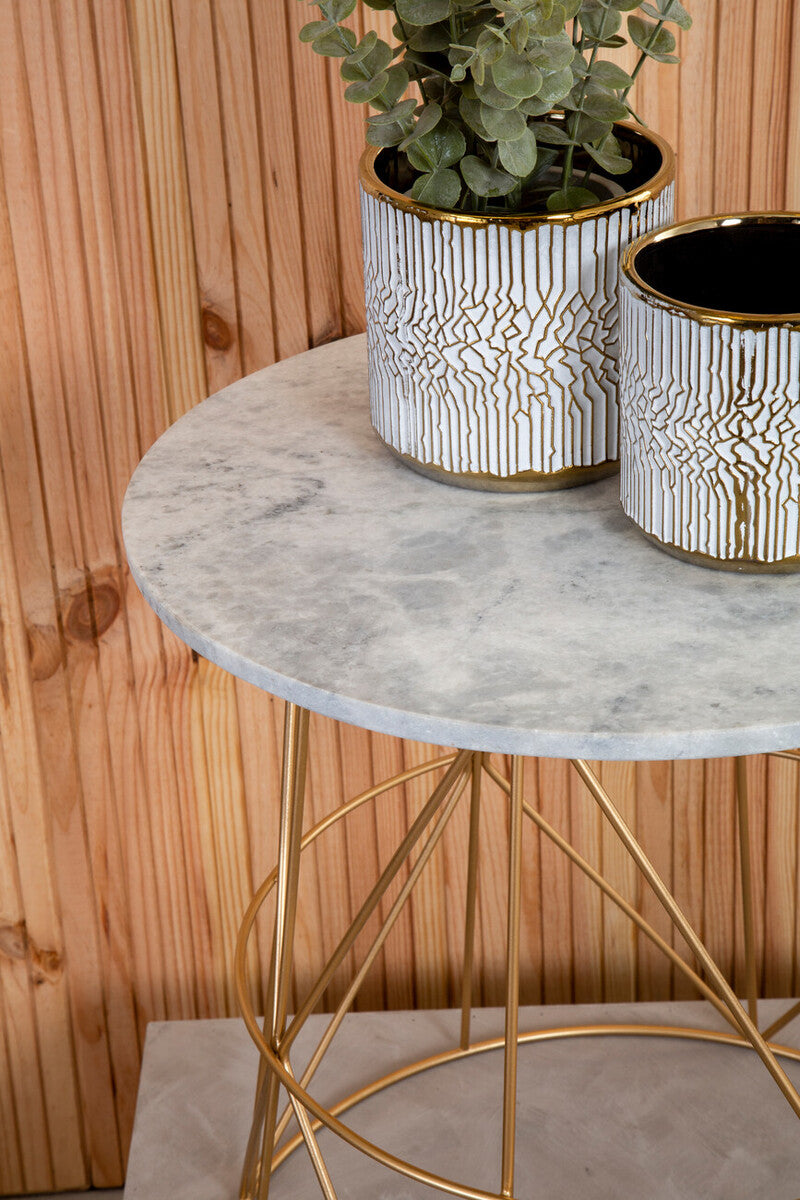 Orsina Mandoli White Marble Round Side Table with Gold Cage Base