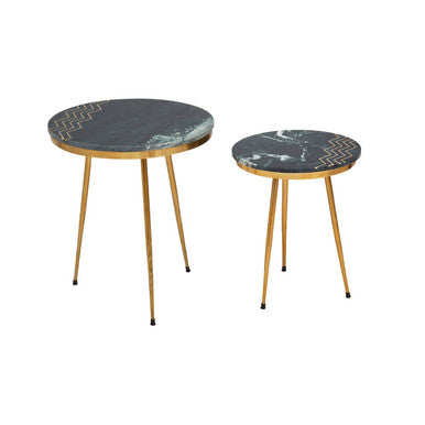 Orsina Nirav Green Marble Side Tables - Set of 2 with Gold Legs