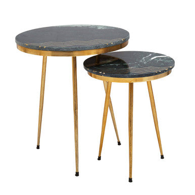 Orsina Nirav Green Marble Side Tables - Set of 2 with Gold Legs