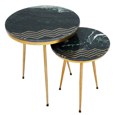 Orsina Nirav Green Marble Side Tables - Set of 2 with Gold Legs