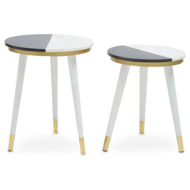 Orsina Nirav Black & White Marble Side Tables with Gold Tips - Set of 2