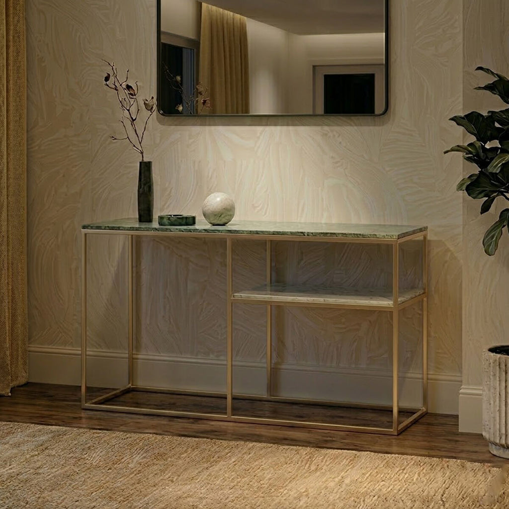 Orsina Nirav Marble Console Table | Gold Geometric Iron Frame