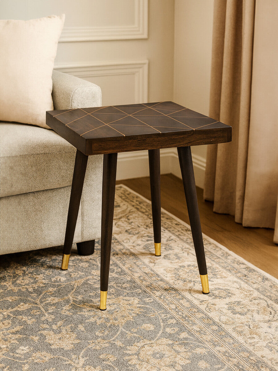 Orsina Naro Mango Wood Side Table | Square Dark Brown & Gold Legs