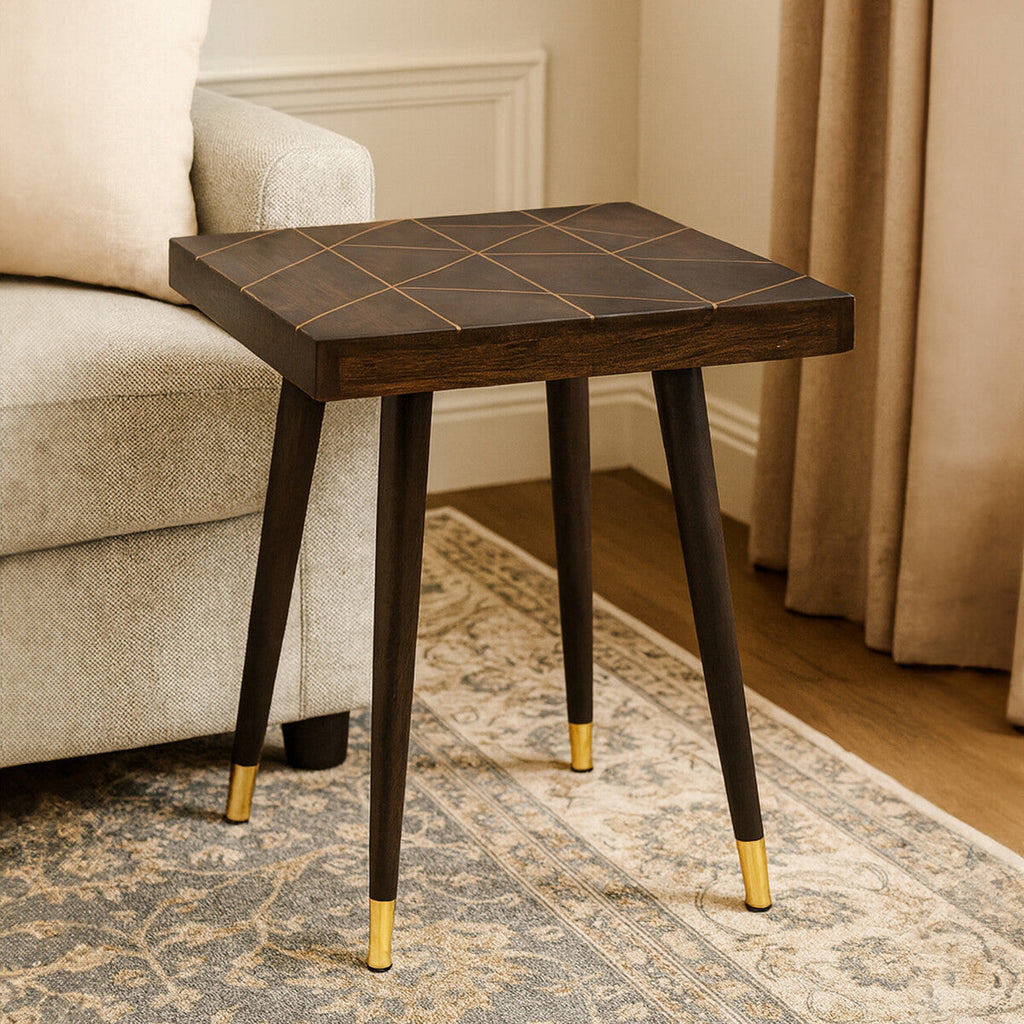 Orsina Naro Mango Wood Side Table | Square Dark Brown & Gold Legs