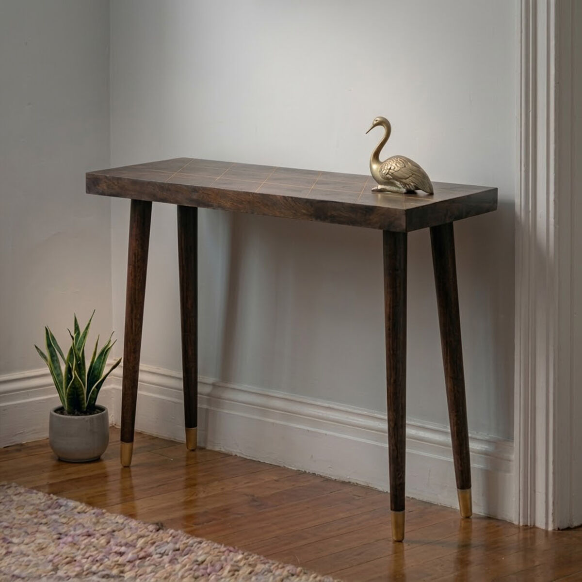 Orsina Naro Mango Wood Console Table | Brown with Gold Brass Inlay