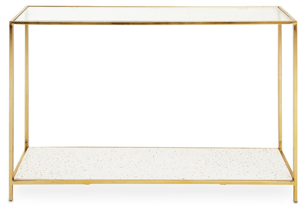 Orsina Novi Glass Console Table | Gold Metal Frame & White Terrazzo