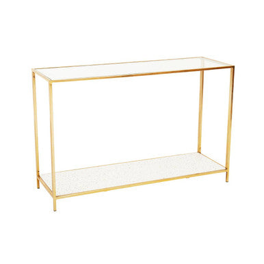 Orsina Novi Glass Console Table | Gold Metal Frame & White Terrazzo
