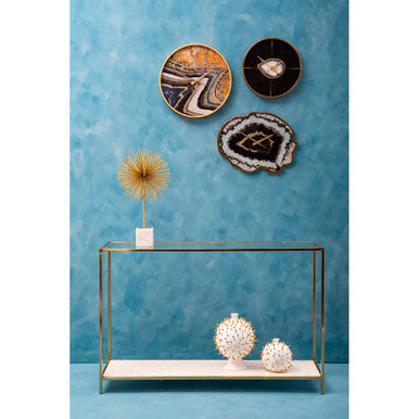 Orsina Novi Glass Console Table | Gold Metal Frame & White Terrazzo