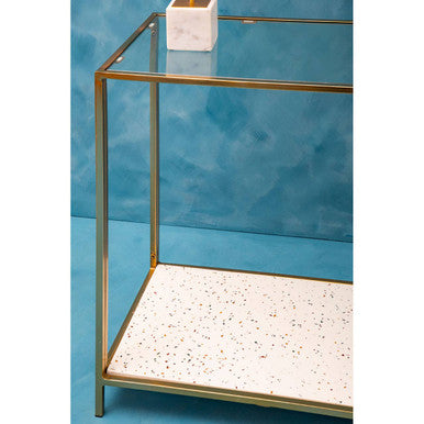 Orsina Novi Glass Console Table | Gold Metal Frame & White Terrazzo
