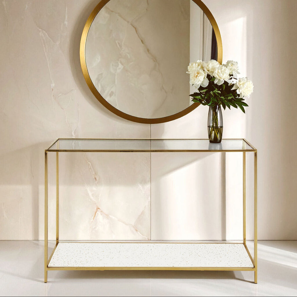 Orsina Novi Glass Console Table | Gold Metal Frame & White Terrazzo