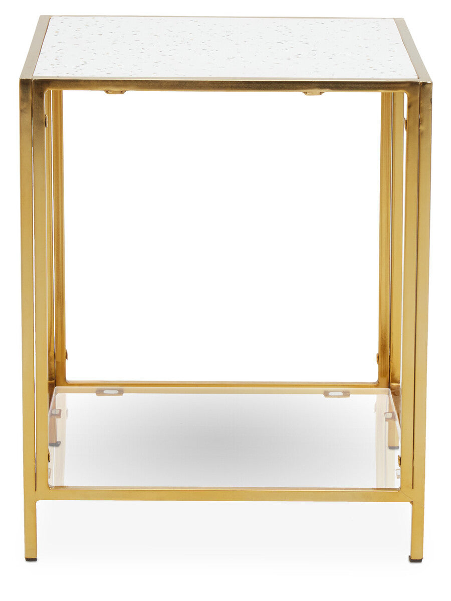Orsina Novi Glass Side Table – Gold Metal Frame & White Terrazzo