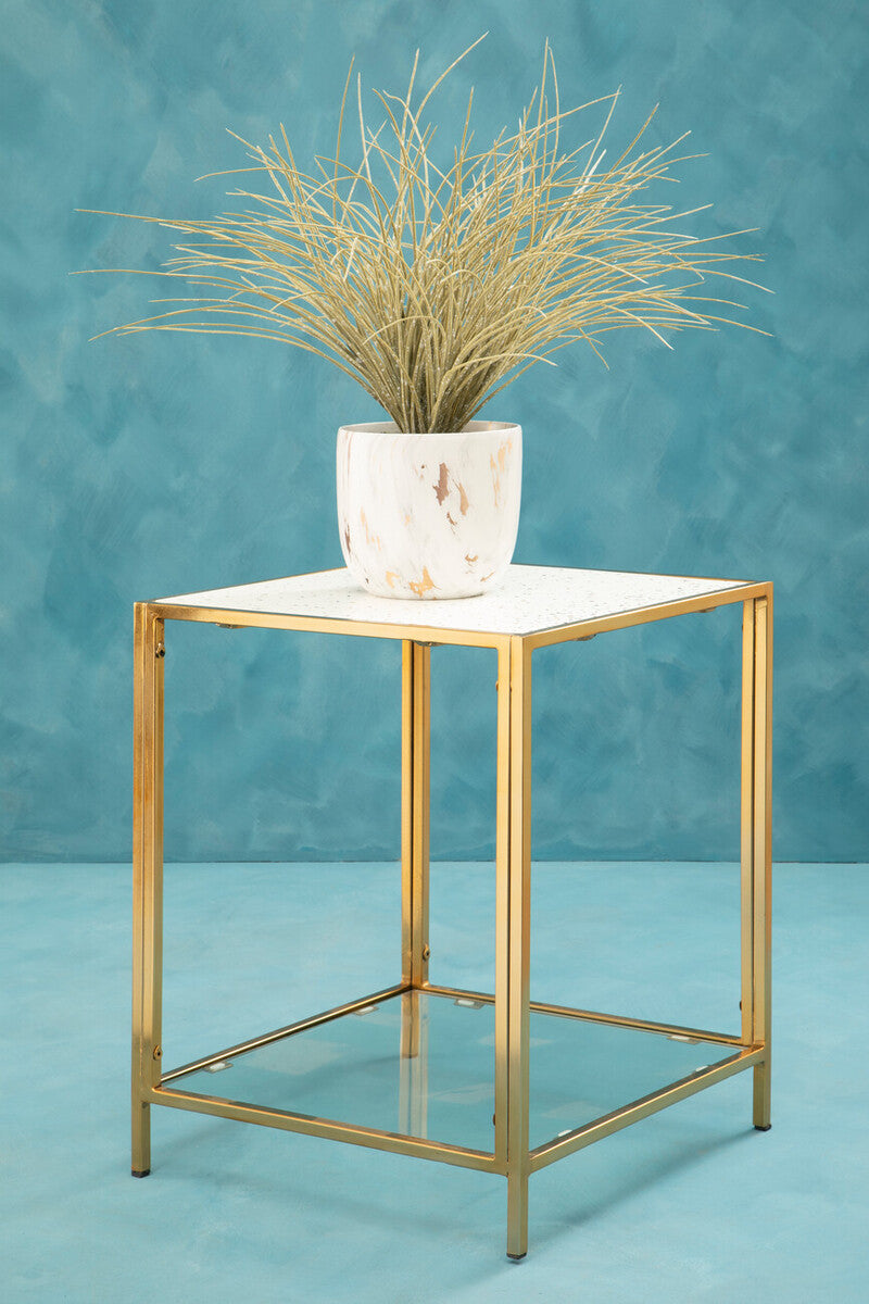 Orsina Novi Glass Side Table – Gold Metal Frame & White Terrazzo