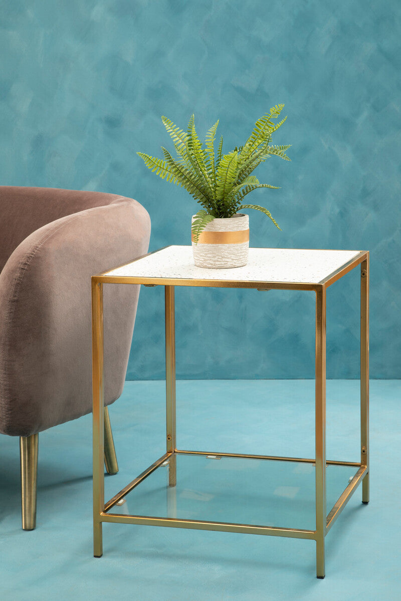 Orsina Novi Glass Side Table – Gold Metal Frame & White Terrazzo
