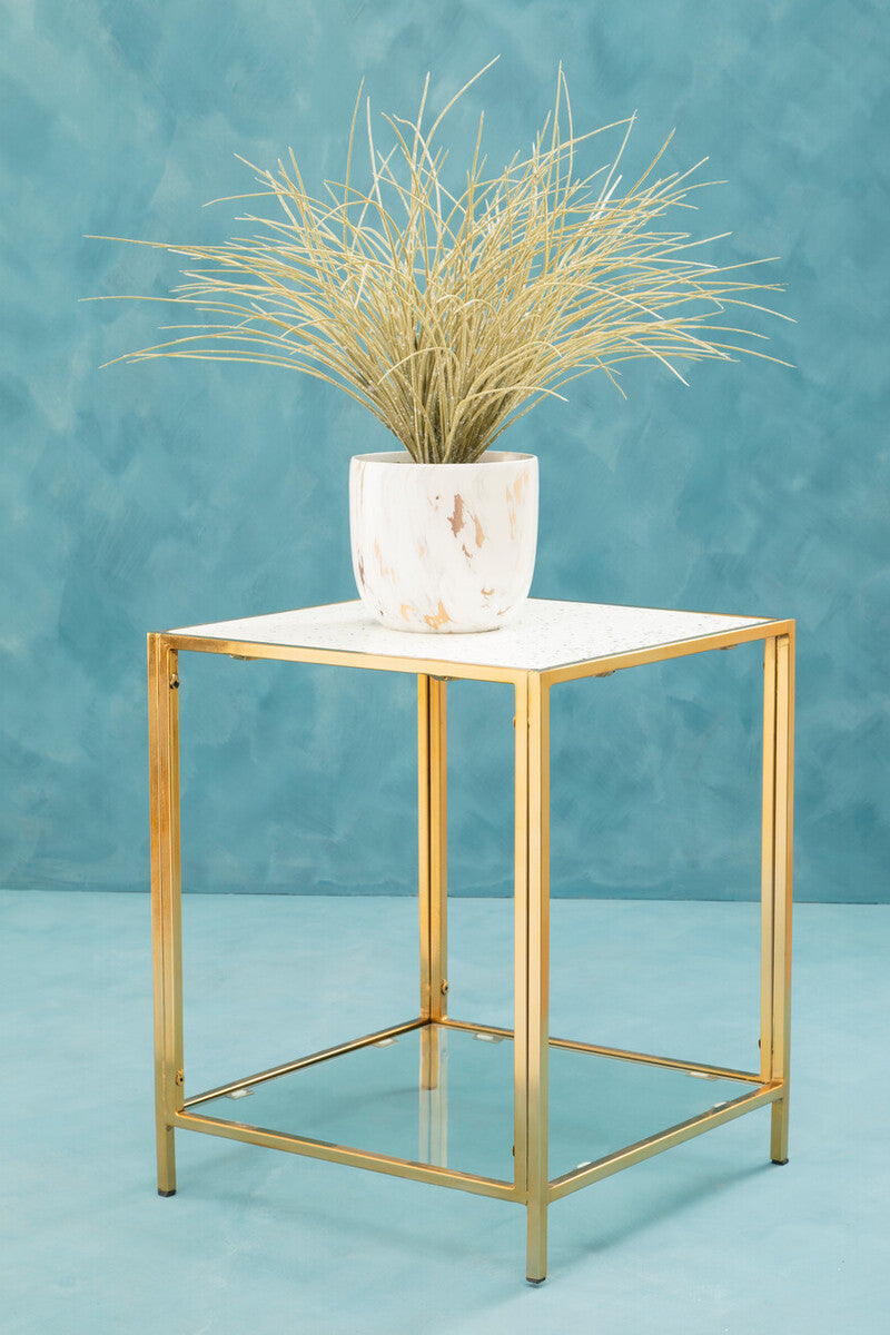 Orsina Novi Glass Side Table – Gold Metal Frame & White Terrazzo
