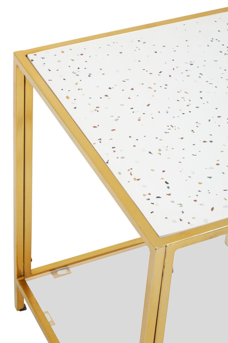 Orsina Novi Glass Side Table – Gold Metal Frame & White Terrazzo