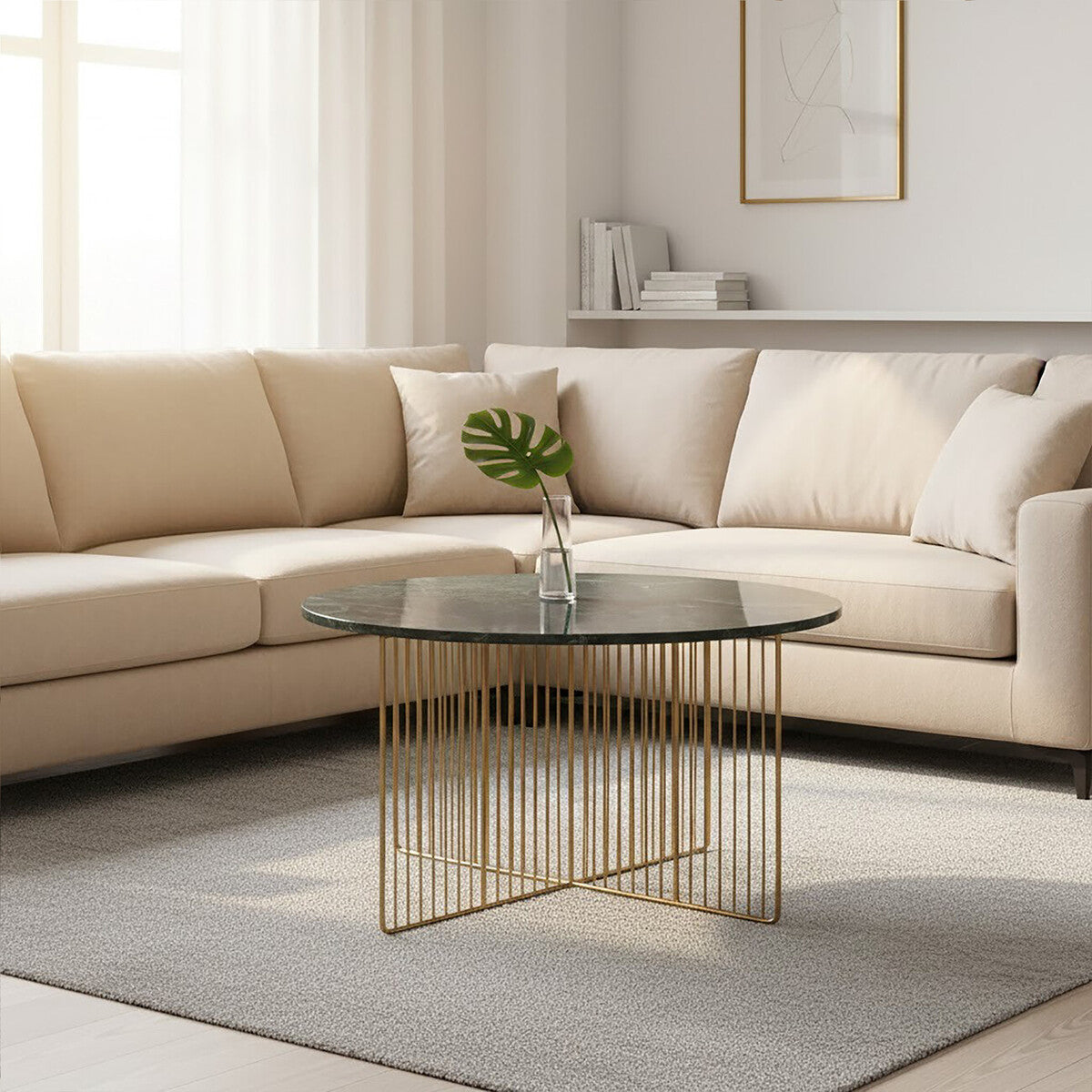 Orsina Nirav Green Marble Coffee Table with Gold Iron Base