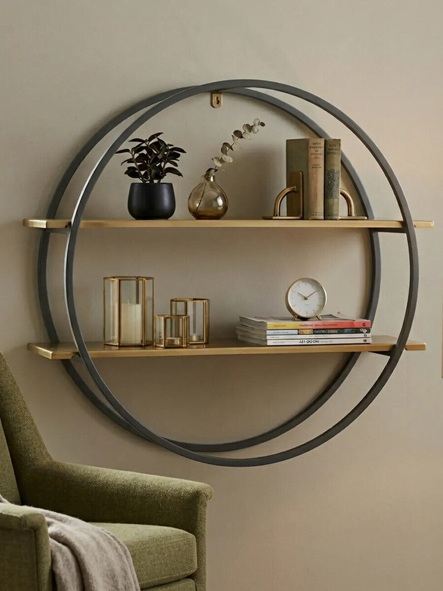 Orsina Kobra Two-Tier Wall Shelf – Round Grey & Matte Gold Metal Unit