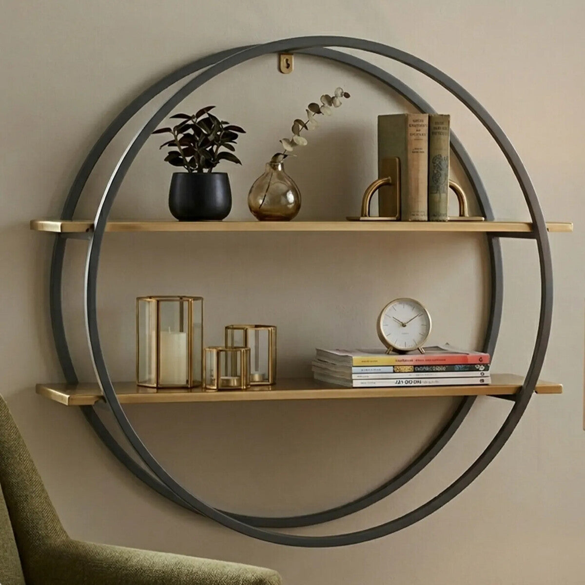 Orsina Kobra Two-Tier Wall Shelf – Round Grey & Matte Gold Metal Unit