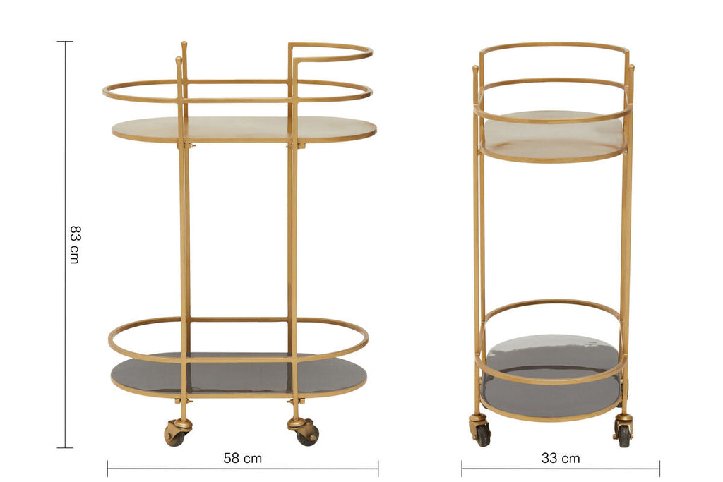Orsina Kobra Grey Bar Trolley – Matte Gold Metal Serving Cart