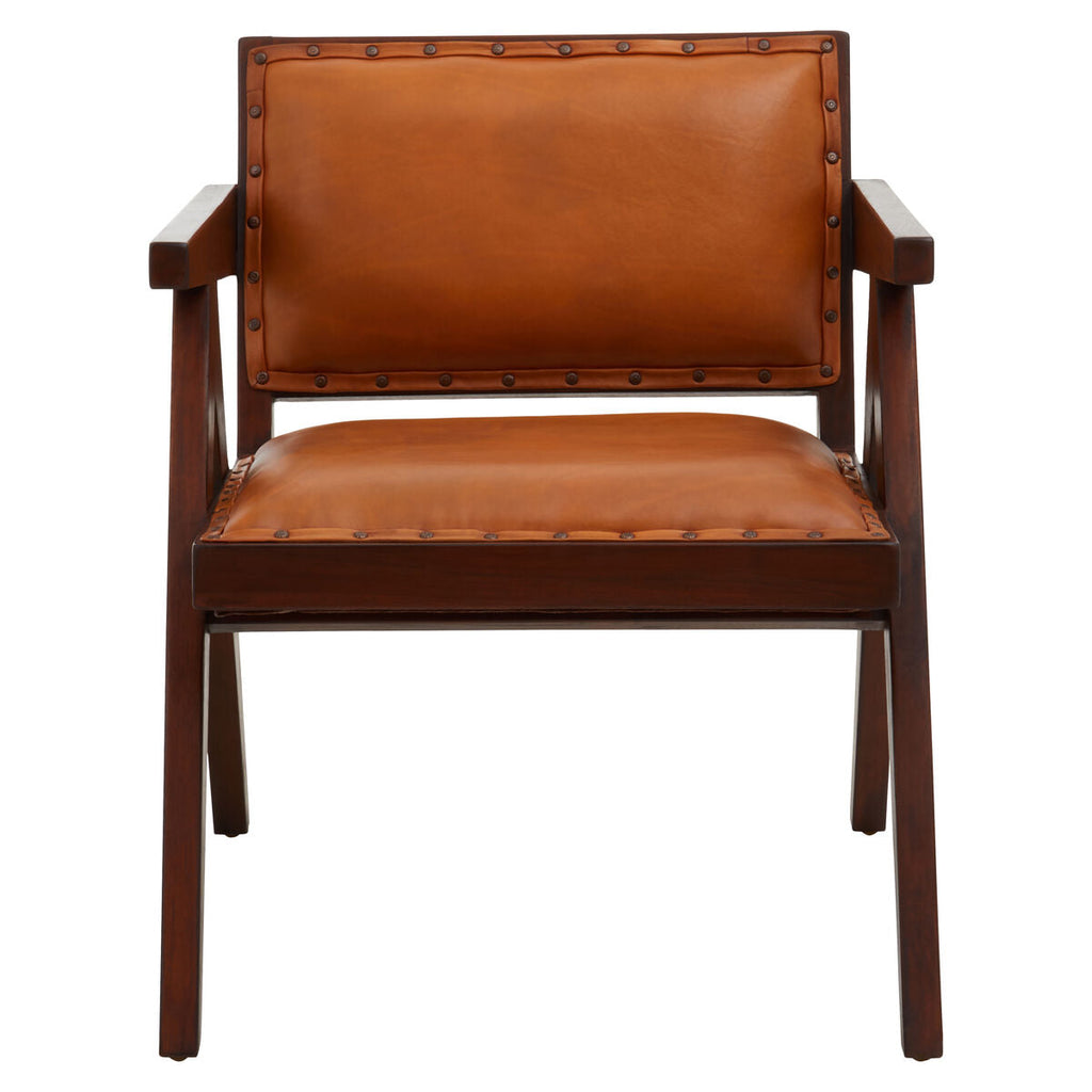 Orsina Inca Tan Leather and Teak Wood Dining Chair with Stud Trim