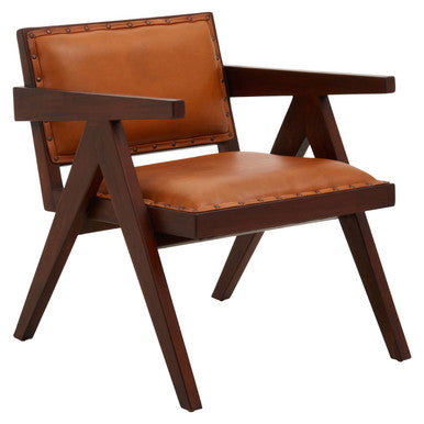 Orsina Inca Tan Leather and Teak Wood Dining Chair with Stud Trim