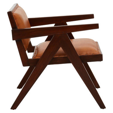Orsina Inca Tan Leather and Teak Wood Dining Chair with Stud Trim