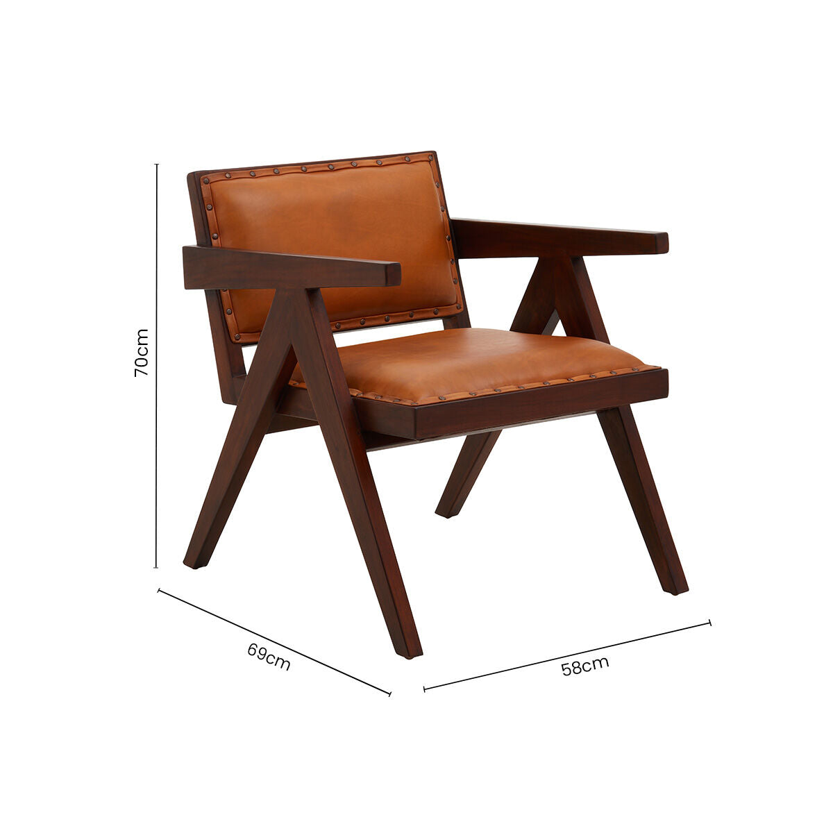 Orsina Inca Tan Leather and Teak Wood Dining Chair with Stud Trim