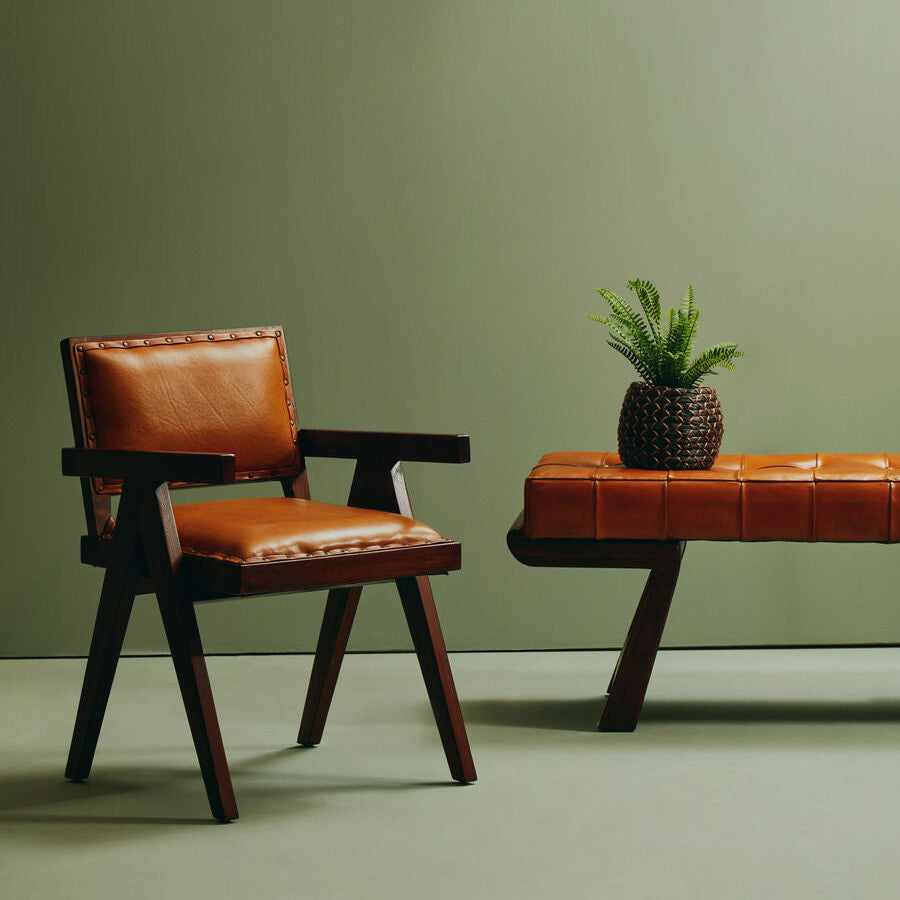 Orsina Inca Tan Leather and Teak Wood Dining Chair with Stud Trim