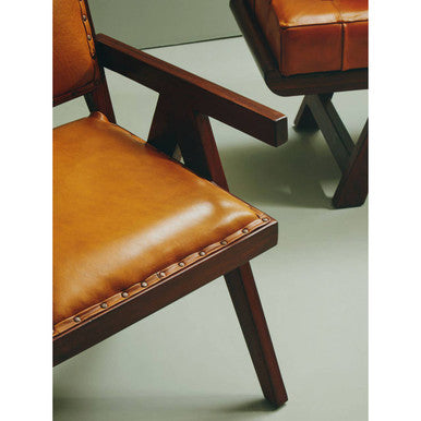 Orsina Inca Tan Leather and Teak Wood Dining Chair with Stud Trim