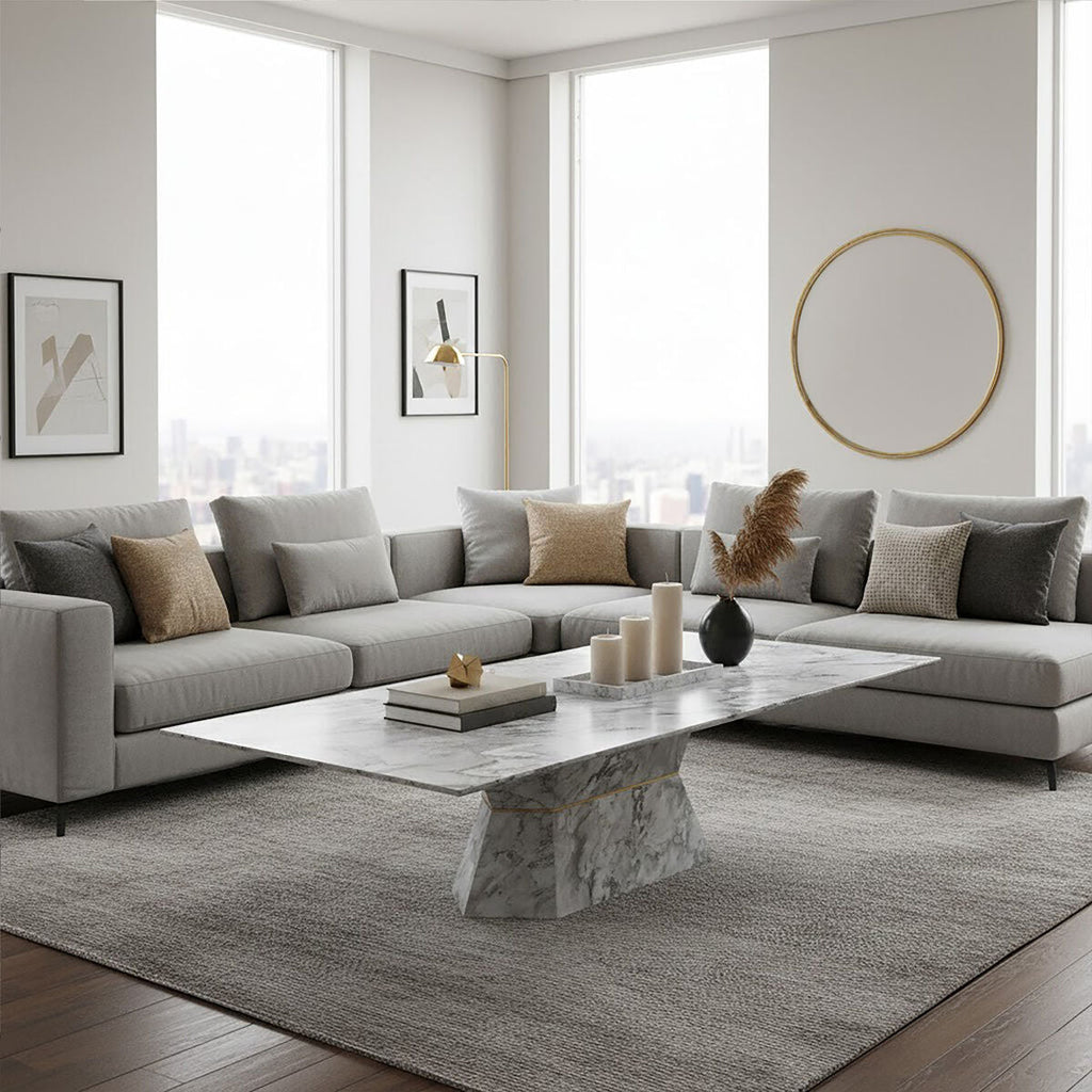 Orsina Spezia Grey Marble Coffee Table – Geometric Base & Natural Veining