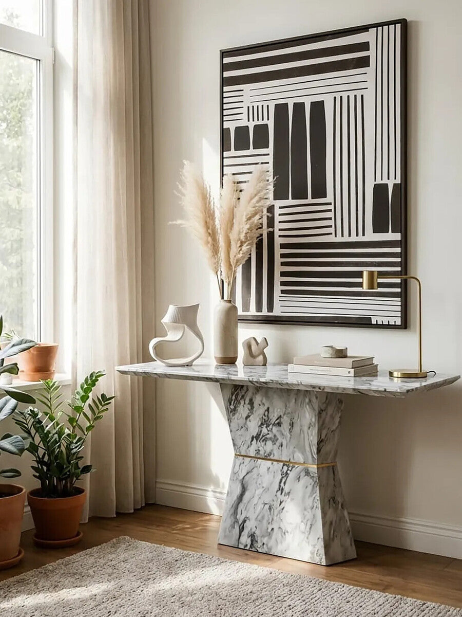 Orsina Spezia Grey Marble Console Table – Modern Sculptural Hallway Table