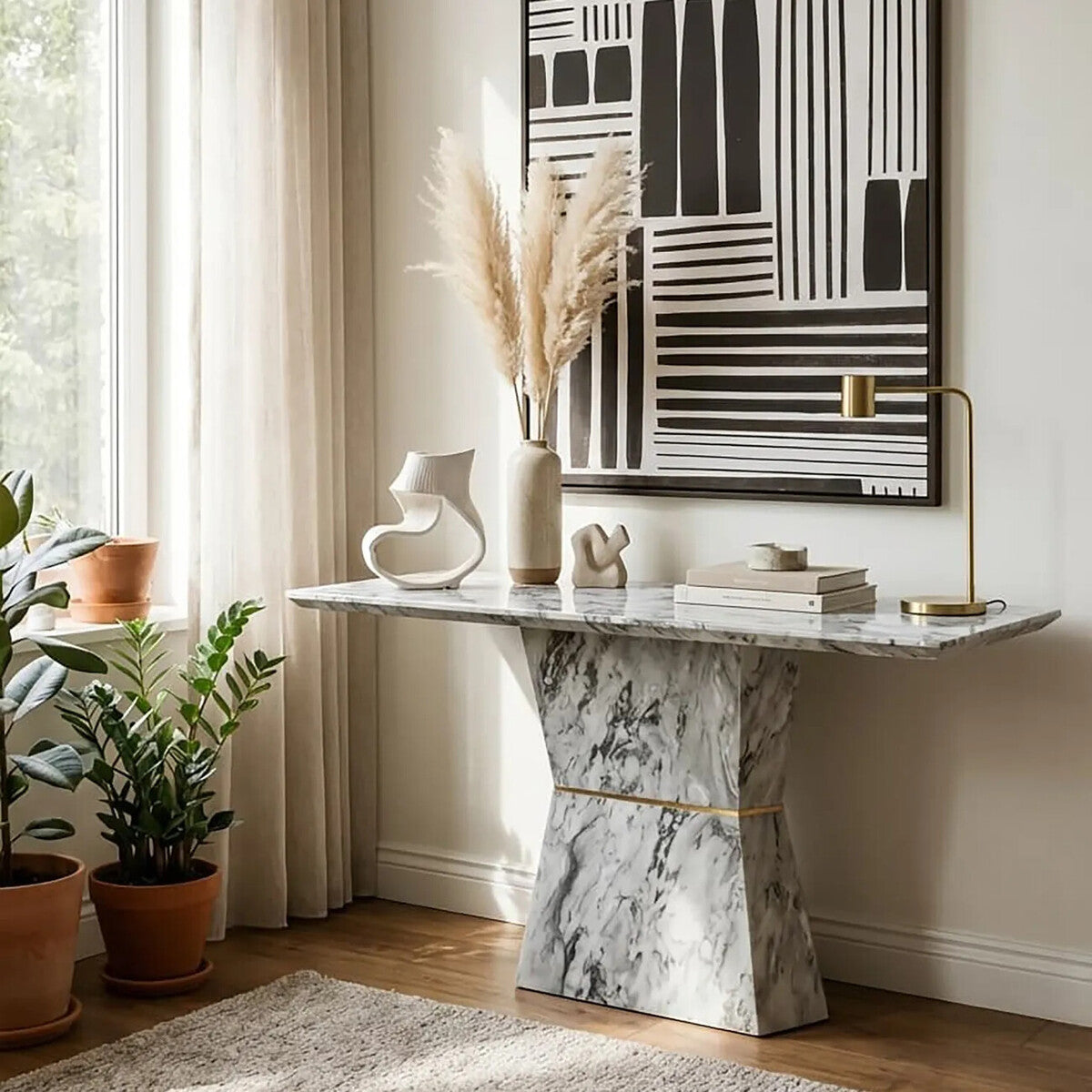 Orsina Spezia Grey Marble Console Table – Modern Sculptural Hallway Table