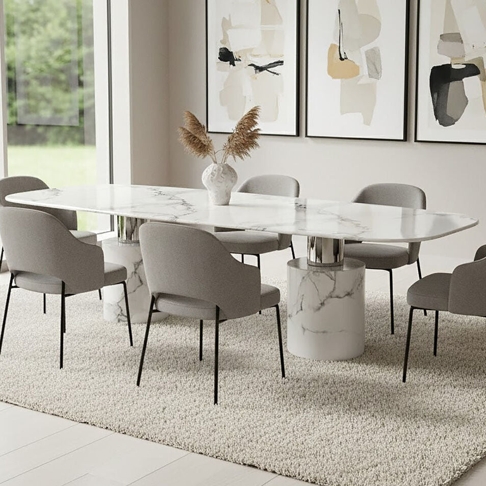 Orsina Sesto White Marble Dining Table with Silver Metal Supports