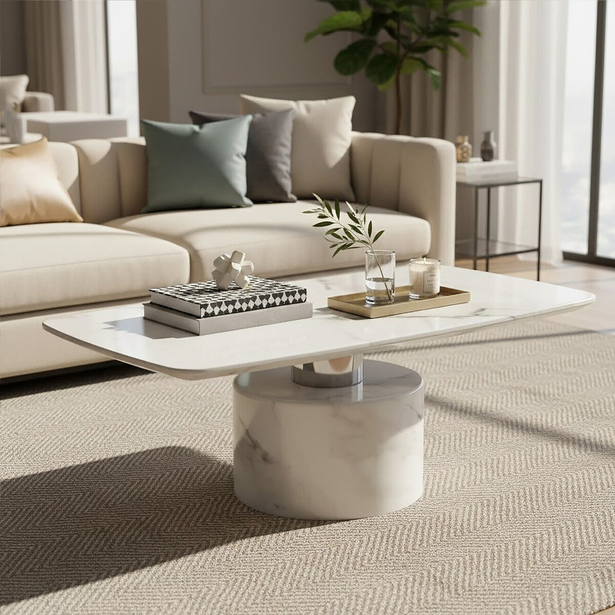 Orsina Sesto White Marble Coffee Table | Modern Stainless Steel Detail